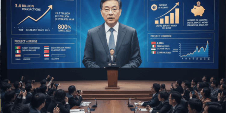 Una persona habla desde un escenario que se proyecta en una pantalla gigante mientras al frente múltiples periodistas y camarógrafos capturan el momento.