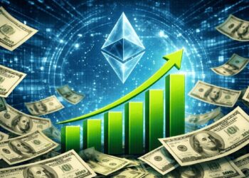Una moneda de ethereum, con un grafico de barras ascendente, rodeados de billetes de dolar.