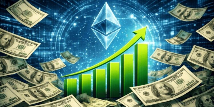 Una moneda de ethereum, con un grafico de barras ascendente, rodeados de billetes de dolar.