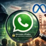 Foto de el logo de Whatsapp, con el logo de Meta al fondo, junto a la foto de un hacker en una pc.