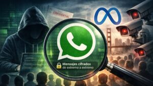 Foto de el logo de Whatsapp, con el logo de Meta al fondo, junto a la foto de un hacker en una pc.