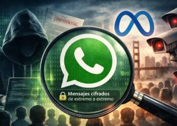 Foto de el logo de Whatsapp, con el logo de Meta al fondo, junto a la foto de un hacker en una pc.