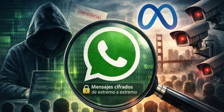 Foto de el logo de Whatsapp, con el logo de Meta al fondo, junto a la foto de un hacker en una pc.