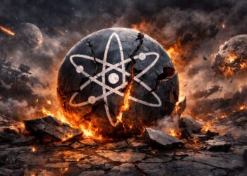 Una esfera con el símbolo de Cosmos en medio de un paísaje apocalíptico