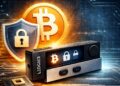 Imagen de una wallet de Ledger junto a una foto de una candado y el logo de bitcoin al fondo.