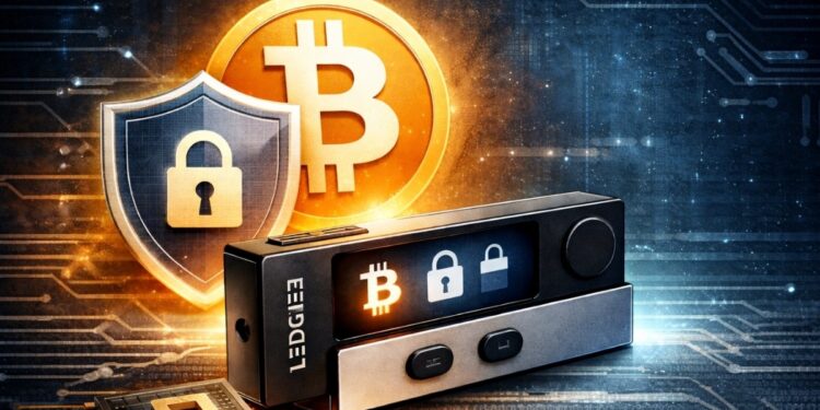 Imagen de una wallet de Ledger junto a una foto de una candado y el logo de bitcoin al fondo.