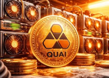 Una criptomoneda QUAI junto a ASIC de minería.