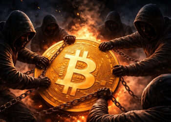 Personas intentado secuestrar a Bitcoin con una cadena en la mano y encapuchados.