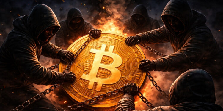 Personas intentado secuestrar a Bitcoin con una cadena en la mano y encapuchados.