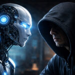 Imagen compuesta entre un robot que representa la IA y una persona encapuchada que representa a Satoshi Nakamoto.