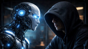 Imagen compuesta entre un robot que representa la IA y una persona encapuchada que representa a Satoshi Nakamoto.