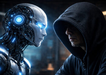 Imagen compuesta entre un robot que representa la IA y una persona encapuchada que representa a Satoshi Nakamoto.
