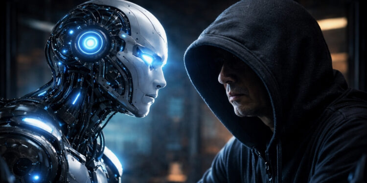Imagen compuesta entre un robot que representa la IA y una persona encapuchada que representa a Satoshi Nakamoto.