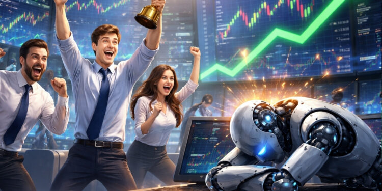 Un grupo de personas con los brazos en alto celebrando y al fondo unos gráficos de trading.