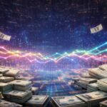 Billetes de dólar en un entorno tecnológico, con lineas de colores.