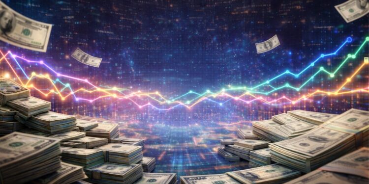 Billetes de dólar en un entorno tecnológico, con lineas de colores.