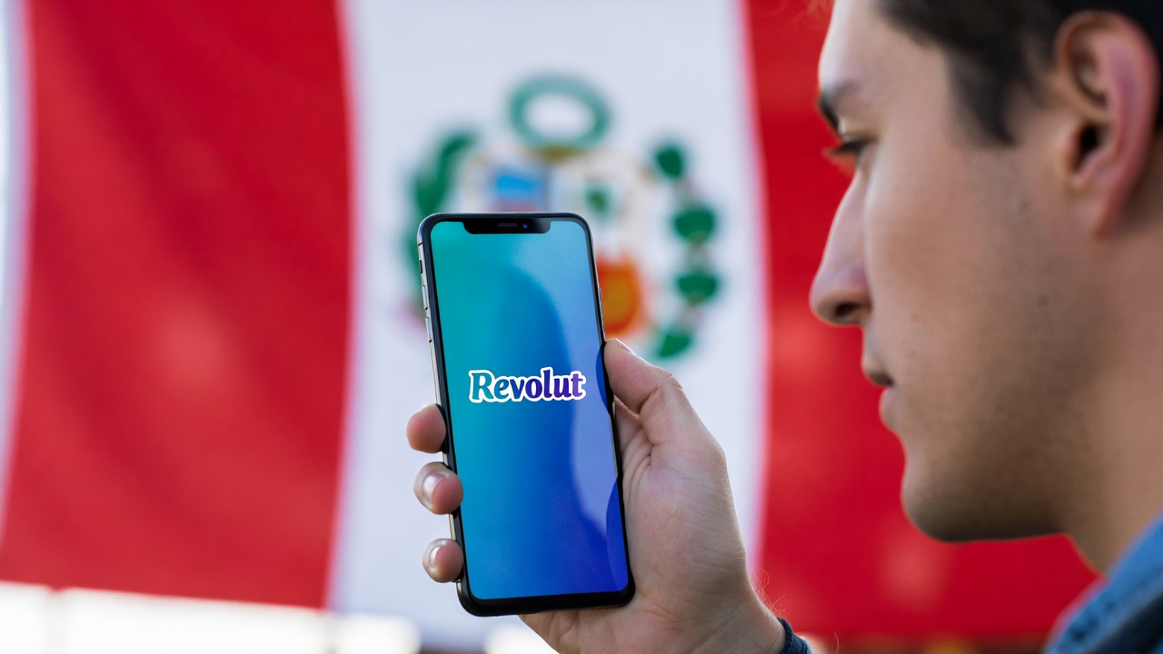 Una persona observa el teléfono que sostiene en sus manos donde se observa el logo de Revolut. De fondo aparece la bandera de Perú.