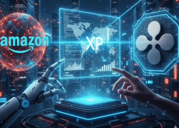 Imagen con los logos de Ripple y Amazon en un entorno tecnologico.