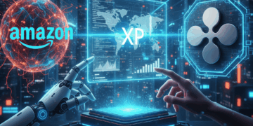 Imagen con los logos de Ripple y Amazon en un entorno tecnologico.