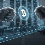 Puños de militares de Rusia y Ucrania sobre el logo holográfico de Bitcoin y de fondo el edificio de una institución rusa.