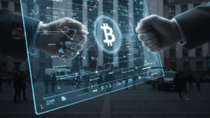 Puños de militares de Rusia y Ucrania sobre el logo holográfico de Bitcoin y de fondo el edificio de una institución rusa.