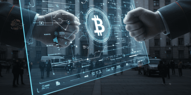 Puños de militares de Rusia y Ucrania sobre el logo holográfico de Bitcoin y de fondo el edificio de una institución rusa.