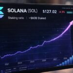 Imagen que muestra un gráfico con una línea curva ascendente con datos financieros sobre la red Solana.