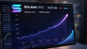 Imagen que muestra un gráfico con una línea curva ascendente con datos financieros sobre la red Solana.