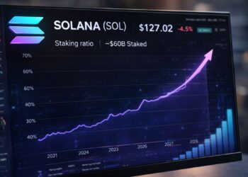 Imagen que muestra un gráfico con una línea curva ascendente con datos financieros sobre la red Solana.