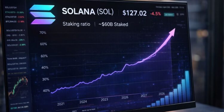 Imagen que muestra un gráfico con una línea curva ascendente con datos financieros sobre la red Solana.