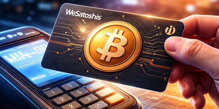 Una persona efectuando un pago con una tarjeta de crédito con Bitcoin.