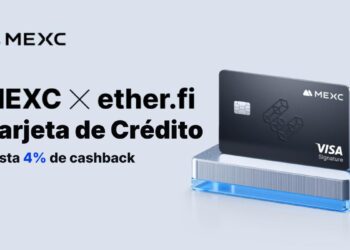 Tarjeta de crédito VISA de color negro a la derecha y texto "MEXC y ether.fi, tarjeta de crédito" a la izquierda. Contenido sobre fondo gris claro.