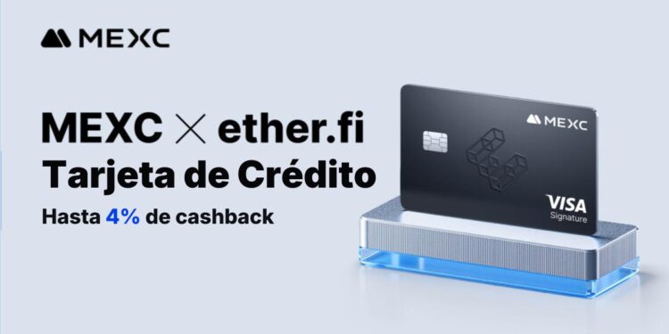 Tarjeta de crédito VISA de color negro a la derecha y texto "MEXC y ether.fi, tarjeta de crédito" a la izquierda. Contenido sobre fondo gris claro.