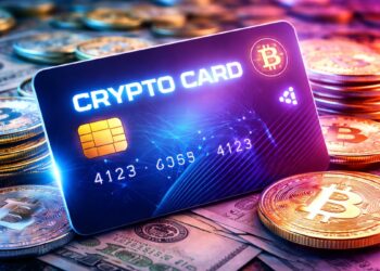 Una tarjeta con criptomonedas, rodeada de monedas de Bitcoin y billetes de dolar.
