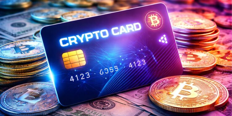 Una tarjeta con criptomonedas, rodeada de monedas de Bitcoin y billetes de dolar.