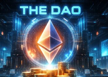 El logo de Ethereum junto a monedas de oro.