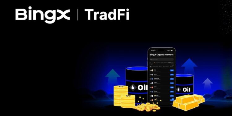 Banner de BingX TradFi, con lingotes de oro, barriles de petrรณleo detrรกs, y un celular con activos tradicionales en el mercado cripto, en fondo negro.