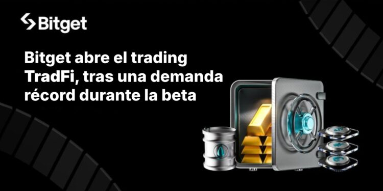 Banner de Bitget TradFi tras demanda récord en beta, con caja fuerte abierta, lingotes de oro y activos tradicionales, fondo negro corporativo.