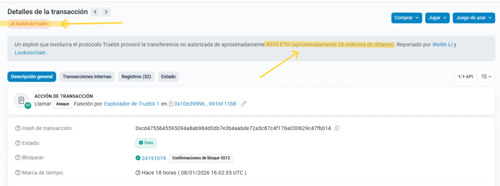 Captura de pantalla de una transacción en Ethereum hecha por el hacker de Truebit.