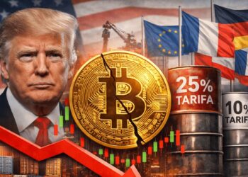 Una moneda de Bitcoin junto a la imagen de Donald Trump y banderas de países europeos a los que impondrá aranceles.