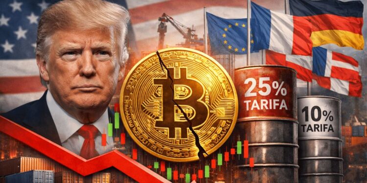 Una moneda de Bitcoin junto a la imagen de Donald Trump y banderas de países europeos a los que impondrá aranceles.