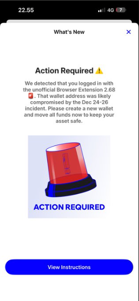 Captura de pantalla de un usuario que recibió un comunicado de Trust Wallet alertando que su wallet está comprometida.