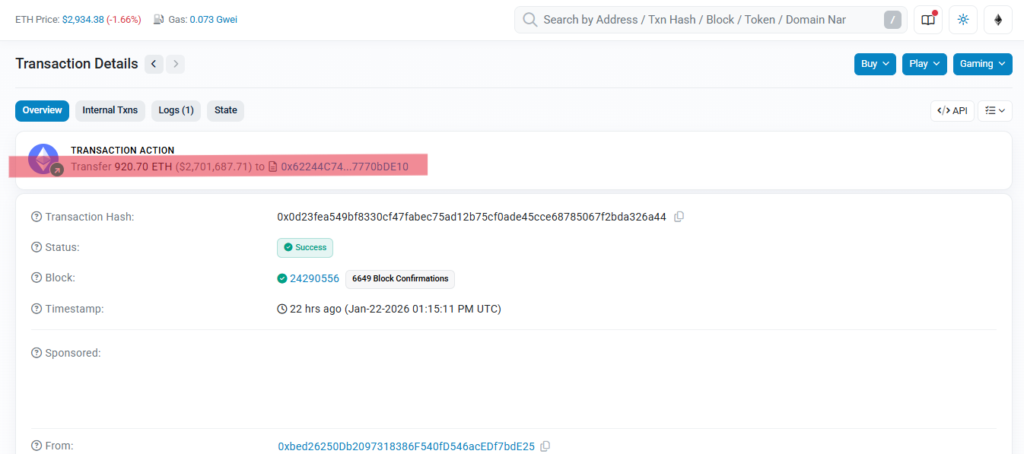 Captura de pantalla de una transacción en Ethereum.