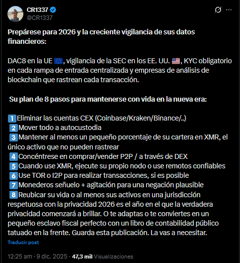 Post en X sonre DAC8 que explica cómo tener prácticas que contribuyan con la privacidad de usuarios de criptomonedas