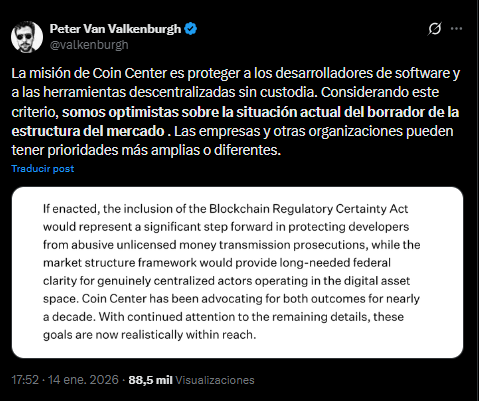 Un tuit de Peter Van Valkenburg de Coin Center expresando optimismo sobre el proyecto para regular las criptomonedas en EE. UU.