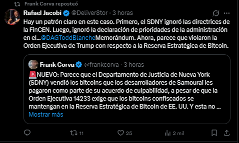 Un tuit de un miembro de la comunidad de criptomonedas quien destaca la serie de violaciones que estarían ocurriendo con los bitcoin supuestamente vendidos por el DOJ de Estados Unidos.