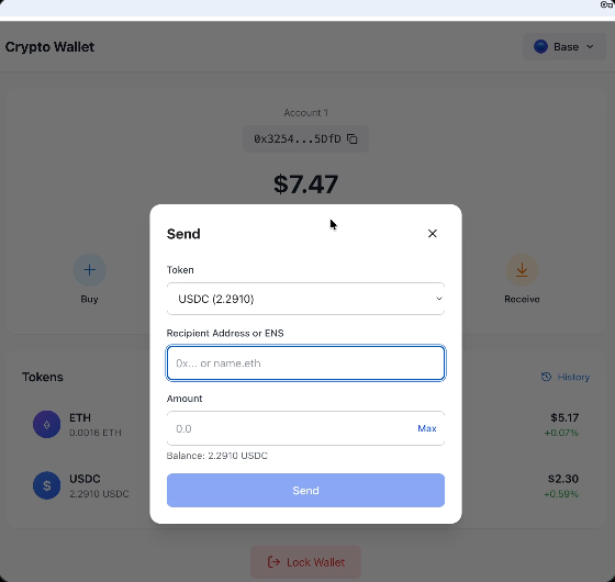 Interfaz de una wallet de criptomonedas creada con IA.