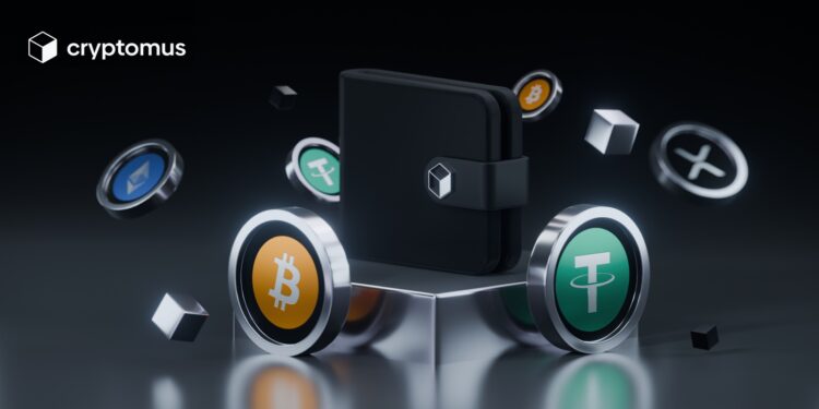 Criptomonedas de bitcoin y Tether sobre una mesa con un billetera negra sobre ellas.