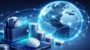 Una billetera digital junto a un dispositivo movil y monedas de plat con el signo de dinero, junto a un planeta Tierra conectado con lรญneas.