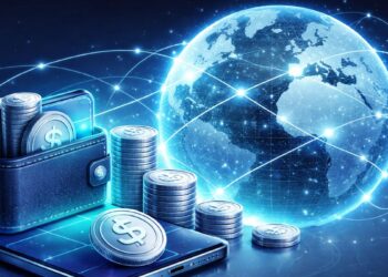 Una billetera digital junto a un dispositivo movil y monedas de plat con el signo de dinero, junto a un planeta Tierra conectado con líneas.